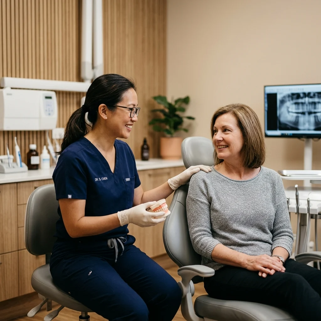 Friendly dental team member speaking compassionately with a patient at Stone Creek Village Dentistry