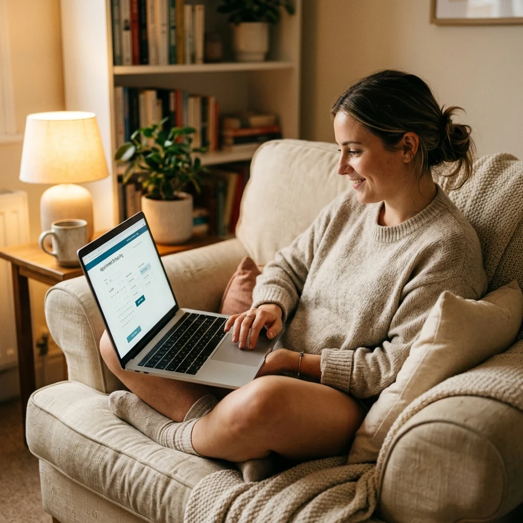 Patient comfortably scheduling a dental appointment online or by phone from home